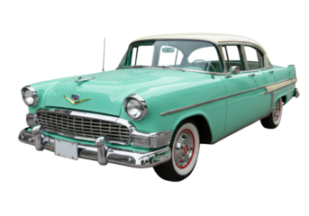 Isolated 1950s classic car in mint green with cream roof, vehicle with shiny chrome trim
