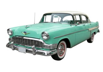 Stickers Oldtimers Isolated 1950s classic car in mint green with cream roof, vehicle with shiny chrome trim  © Vincent