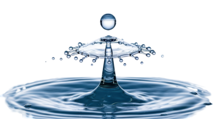 Isolated drop of water colliding with a body of water, splash effect and droplets visible