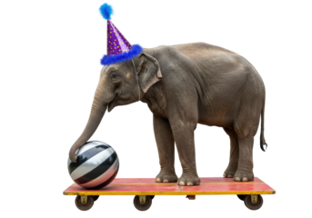 Isolated Circus Elephant on Cart with Party Hat Balancing Ball Cute Animal Performer