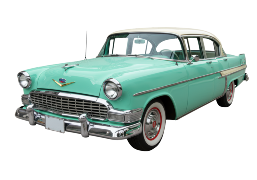 Isolated 1950s classic car in mint green with cream roof, vehicle with shiny chrome trim