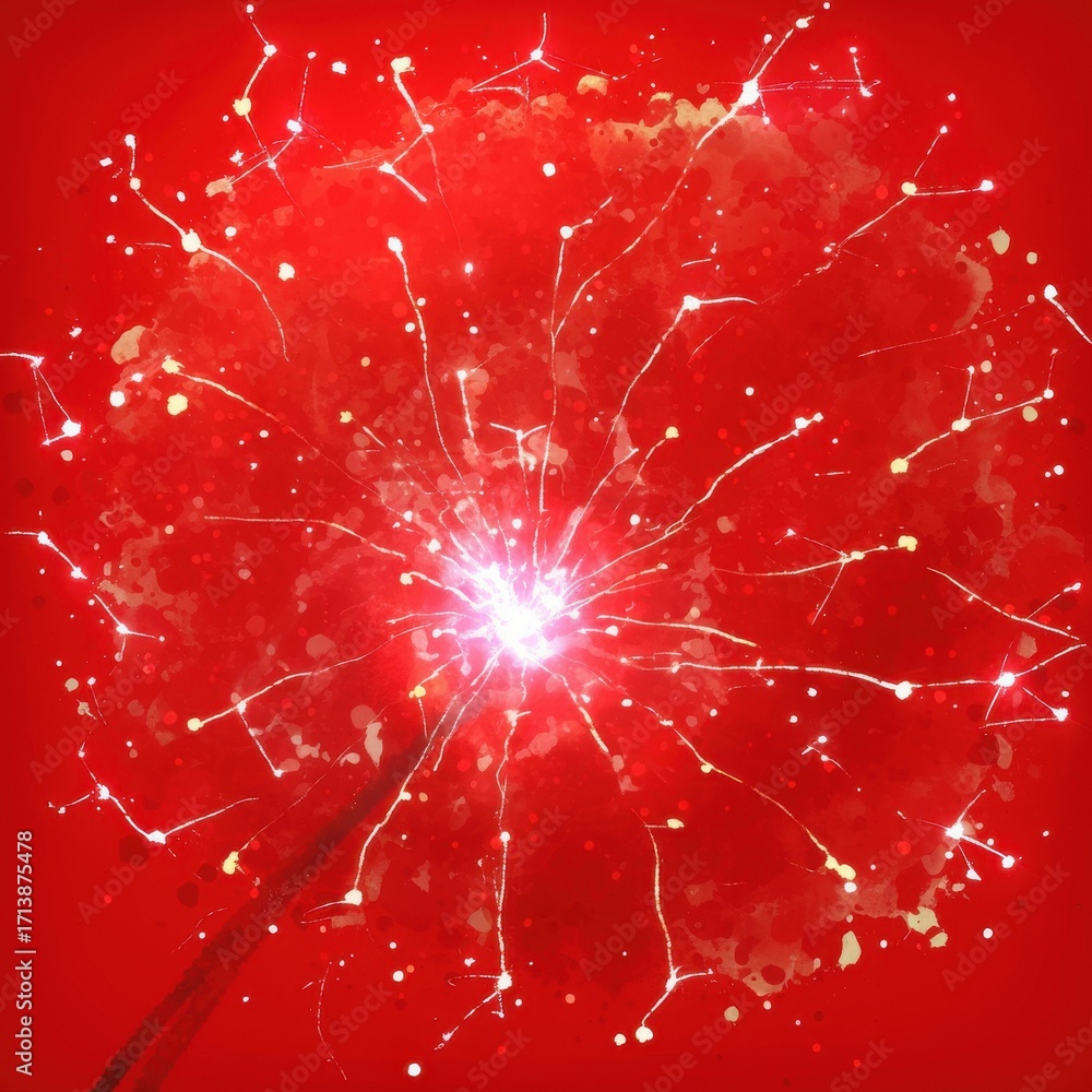Poster a dazzling red firework burst with sparkling trails, creating a vibrant and festive atmosphere.