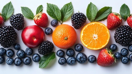 Obraz premium Fresh Fruits Array Strawberries Blueberries Blackberries Oranges on White Background, Healthy Eating Concept Photorealistic