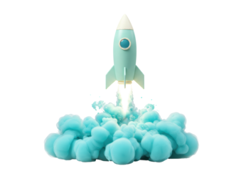 Isolated pastel turquoise space rocket launching with smoke, travel to other planets