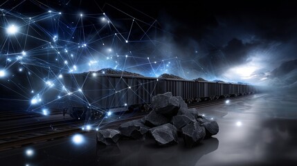 A train with a lot of coal on it is shown in the dark
