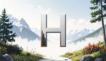 Floating 3D metallic letter H in a mountain valley with mist, pine trees, and wildflowers.