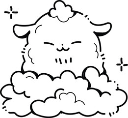 Adorable Cartoon Sheep in Clouds, Happy Expression, Fluffy Texture, Simple Line Art Style