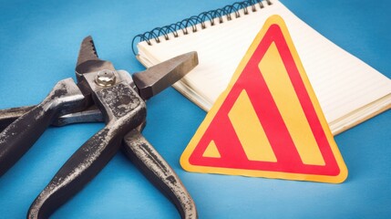 A pair of metal pliers and a warning sign next to a notepad, suggesting a theme of caution and work.