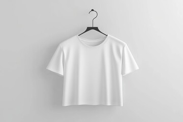 T-shirt Mockup white t-shirt on hanger facing front on blank wall, clean and professional composition, copy space, background color white, minimalism, stock vector