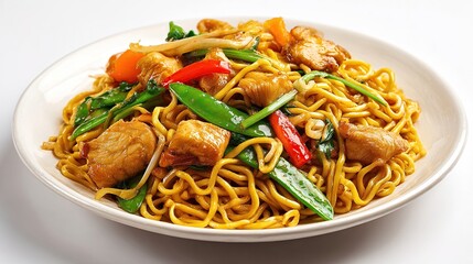 Noodles with chicken and vegetables piled high on a plate, a vibrant dinner