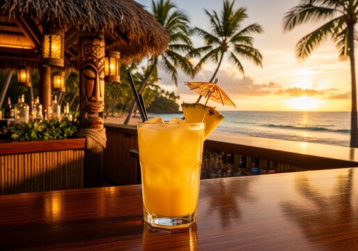 A pineapple juice with ice – with a tiki bar and Hawaiian beach background. - Powered by Adobe
