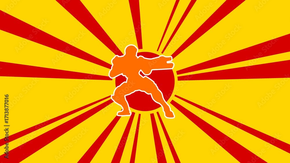 Poster combat robot on the background of animation from moving rays of the sun. large orange symbol increas