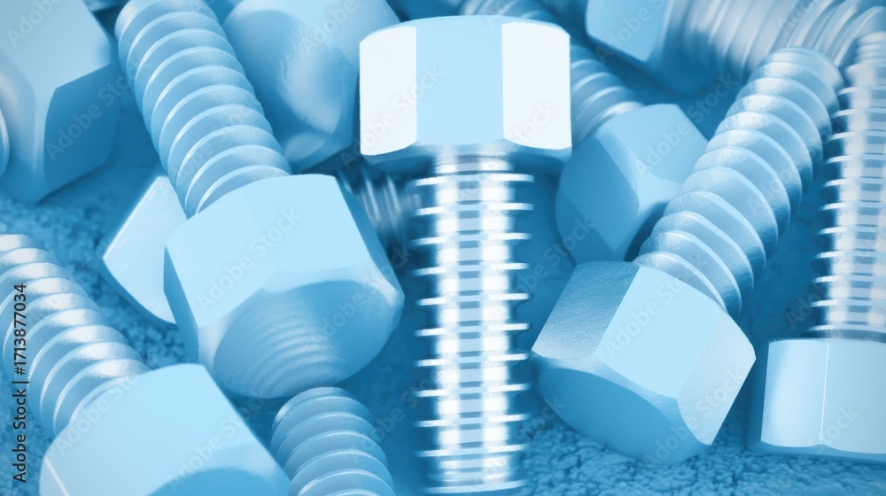 Poster a close-up of various blue metallic bolts scattered across a surface, showcasing different thread pa