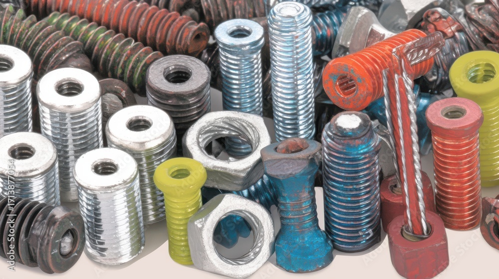 Poster a colorful assortment of nuts and bolts in various sizes, showcasing textures and finishes that add 