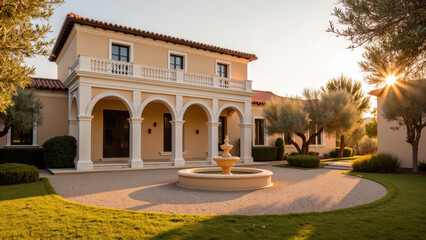 Fototapeta premium Luxurious villa with elegant architecture, featuring fountain and landscaped garden, bathed in warm sunlight