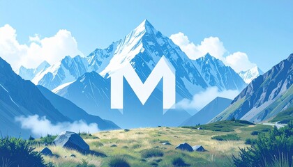Floating 3D metallic letter M in a mountain valley with mist, pine trees, and wildflowers.