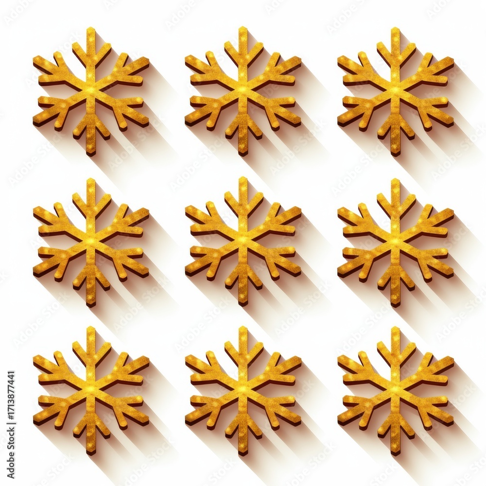 Poster golden snowflakes arranged in a pattern, creating a festive and whimsical atmosphere with vibrant sh