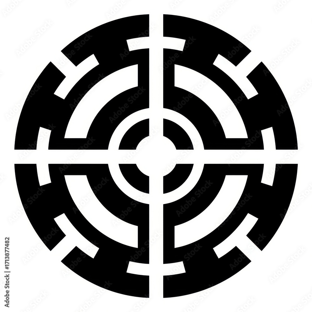 Poster a striking black and white circular maze design, symbolizing complexity and navigation.