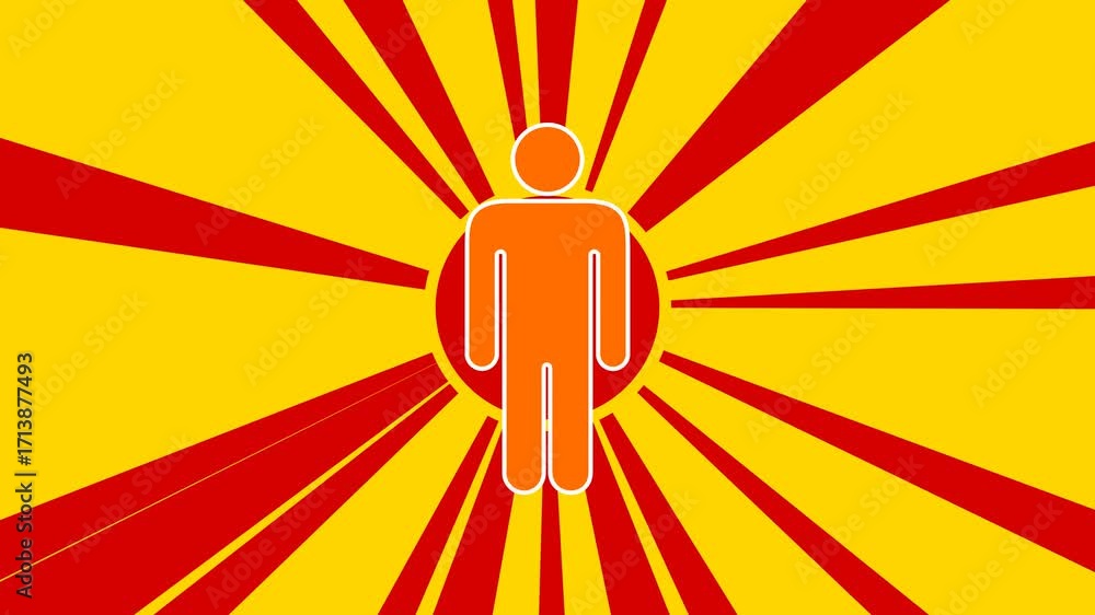 Poster man symbol on the background of animation from moving rays of the sun. large orange symbol increases