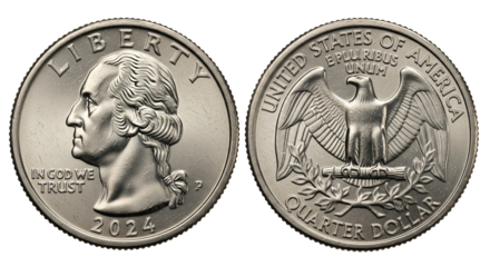 The 2024 US quarter shows Washington and an eagle with bold details.