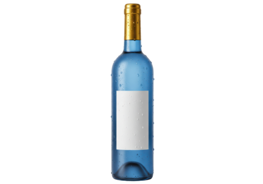 Isolated bottle of blue wine with water droplets on a gold cap standing upright