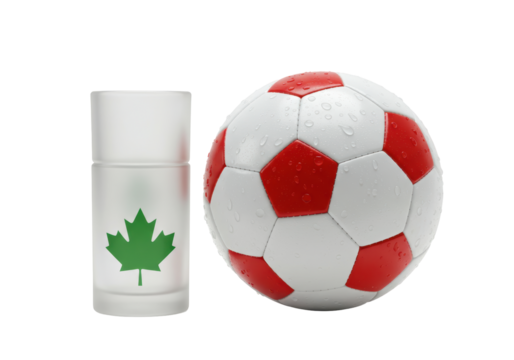 Isolated soccer ball and shot glass with a maple leaf, for Canada-themed promotions