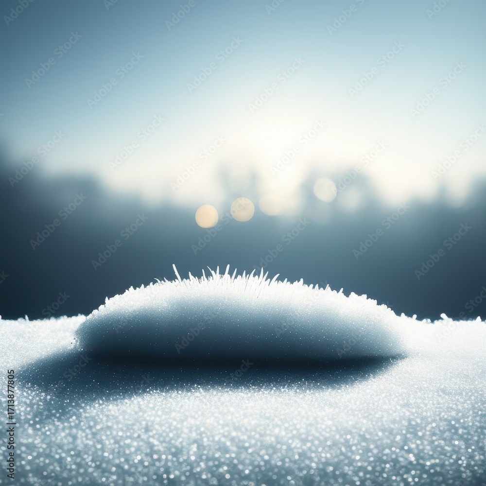Poster a close-up of frost-covered snow, creating a serene winter atmosphere with a soft focus background.