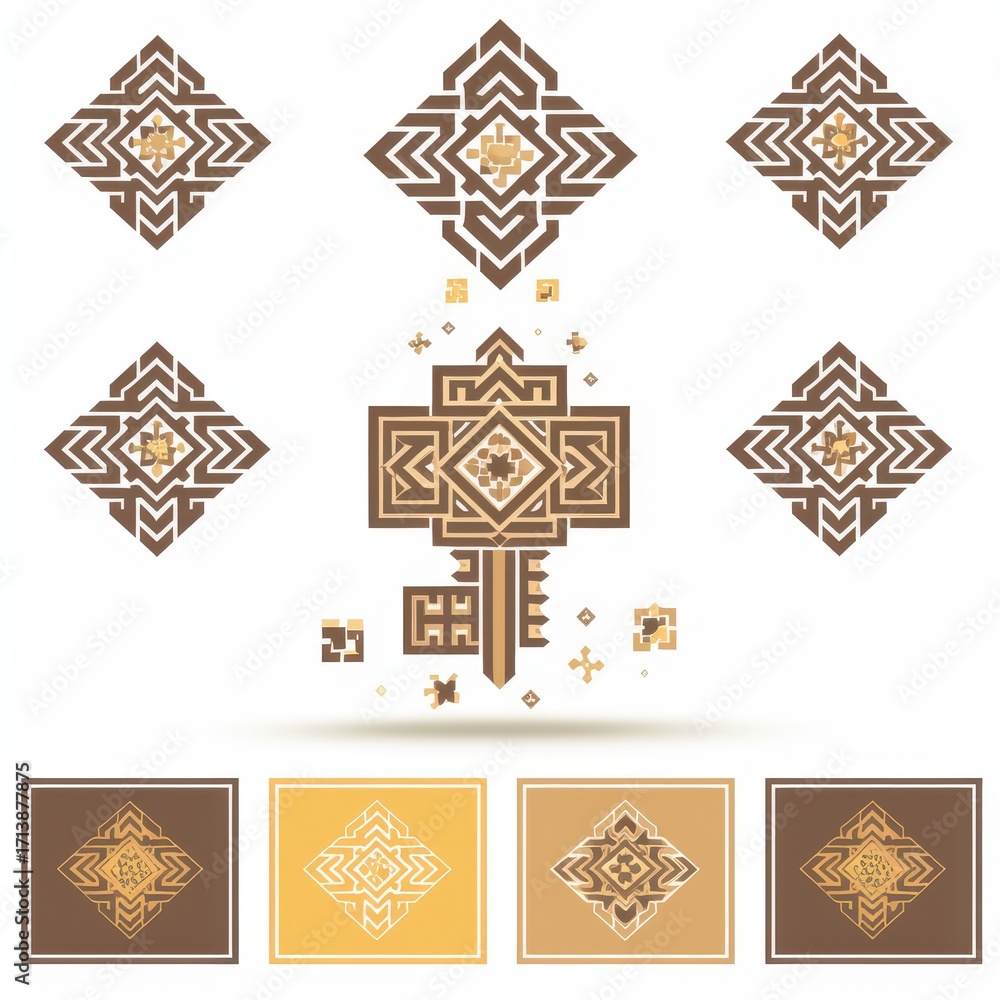 Poster abstract geometric designs in earthy tones showcasing intricate patterns and shapes.