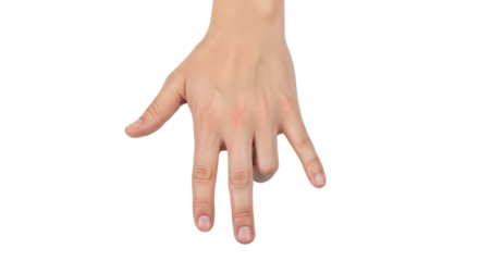 Isolated hand displaying number three, fingers extended pointing down, hand gesture in studio