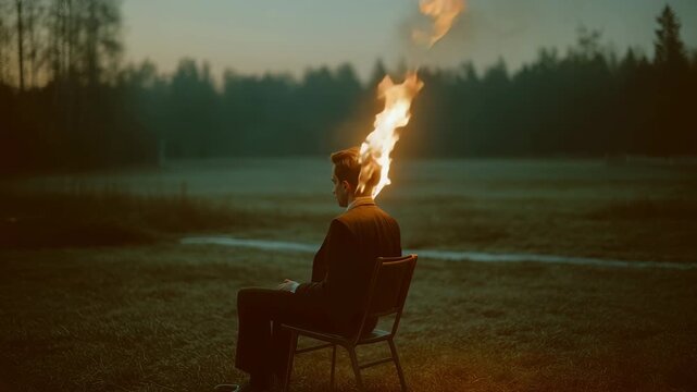 Man Sitting on Chair with Head on Fire in Open Field at Dusk
