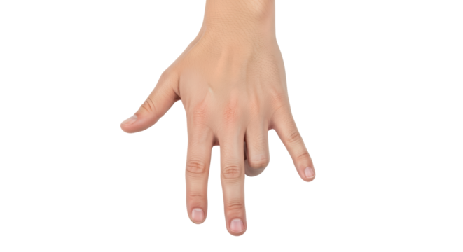 Isolated hand displaying number three, fingers extended pointing down, hand gesture in studio