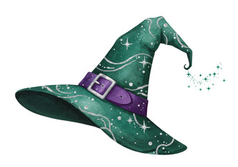 Isolated witch hat with belt and buckle, stars, and magic dust glittering in the air