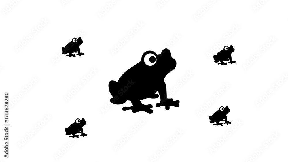 Poster zoom in and out animation the frog symbol. large black symbol in the center and four small symbols a