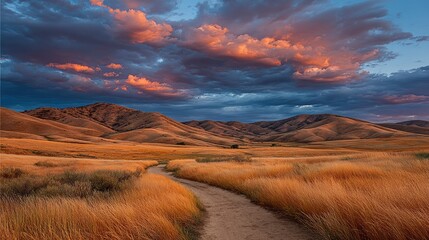 Serene sunset over rolling hills and golden grasslands, a winding path leads into the distance under a dramatic, colorful sky