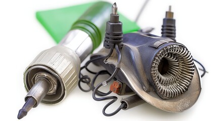 Close-up of soldering tools: a soldering iron and a heat gun, surrounded by wires and connectors.