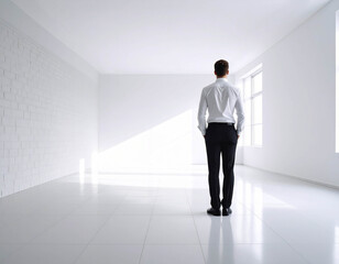 Obraz premium Hombre con camisa blanca de espaldas mirando a la pared en habitación minimalista blanca, luz natural lateral entra por gran ventana creando luz y sombra, concepto de soledad, introspección