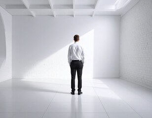 Hombre de espaldas frente a pared iluminada minimalismo y luz como metáfora de introspección soledad y tiempo detenido imagen conceptual de reflexión interior y silencio
