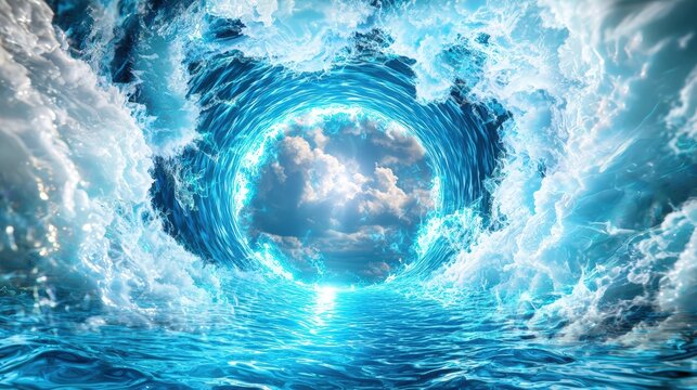 3D blue tunnel leading into a mysterious dimension: A futuristic 3D rendering of a glowing blue tunnel with dynamic light patterns and a sense of depth, creating a portal-like effect,