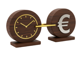 Isolated time is money concept featuring clock and euro currency sign with golden bar