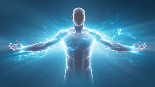 A glowing human silhouette surrounded by radiant aura spreading outward, symbolizing anti-aging vitality, rejuvenation, and slowing aging.