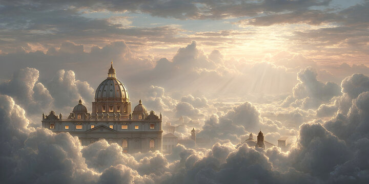 A magnificent classical palace floats among glowing clouds, bathed in celestial light with divine sunbeams shining down