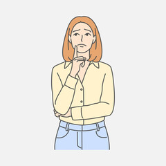 Illustration of a thoughtful woman, touching her face as she contemplates a decision or idea