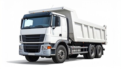 White dump truck with large cargo bed, six wheels, isolated on clean white background.