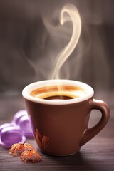 A steaming cup of coffee sits on a wooden table, surrounded by decorative purple and orange elements, creating a cozy atmosphere.