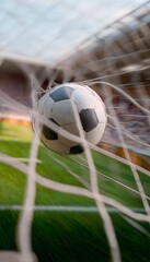 Naklejka premium Dynamic soccer ball close-up hitting net in stadium