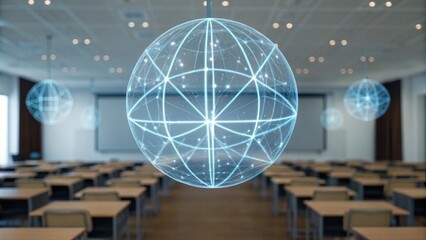 A futuristic classroom featuring holographic globes suspended from the ceiling, enhancing a modern learning environment with technology.