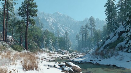 Sunlit snow-dusted mountain valley with a meandering stream, tall pines, and rocky banks