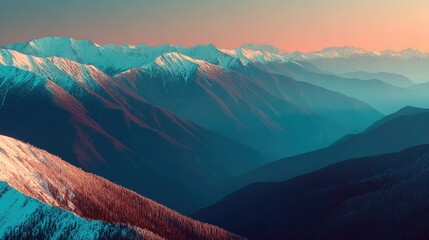 Panoramic view of snow-capped mountains at sunset, showcasing a gradient of teal, purple, and orange hues across the layered peaks and valleys