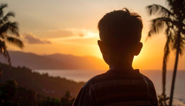 A boy silhouetted against a vibrant sunset over a landscape