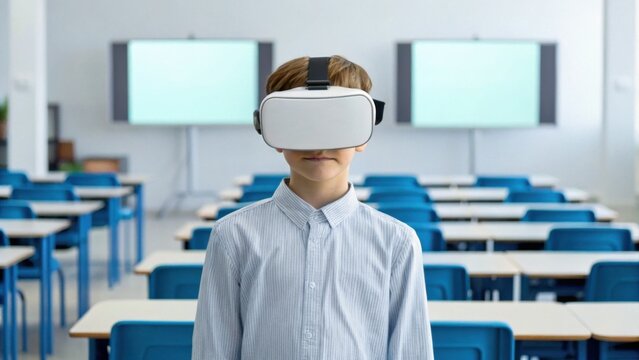 A boy wearing a virtual reality headset stands in a classroom filled with blue desks, ready to engage in immersive learning experiences.